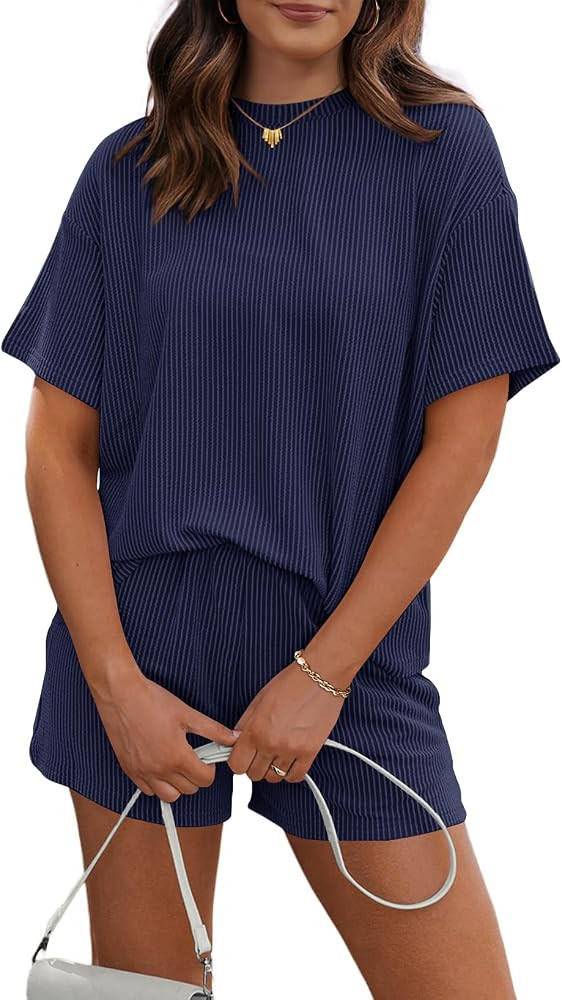 RUBZOOF Women's 2 Piece Sets Short Sleeve Outfits Ribbed Textured Knit Lounge Shorts Set Oversize... | Amazon (US)