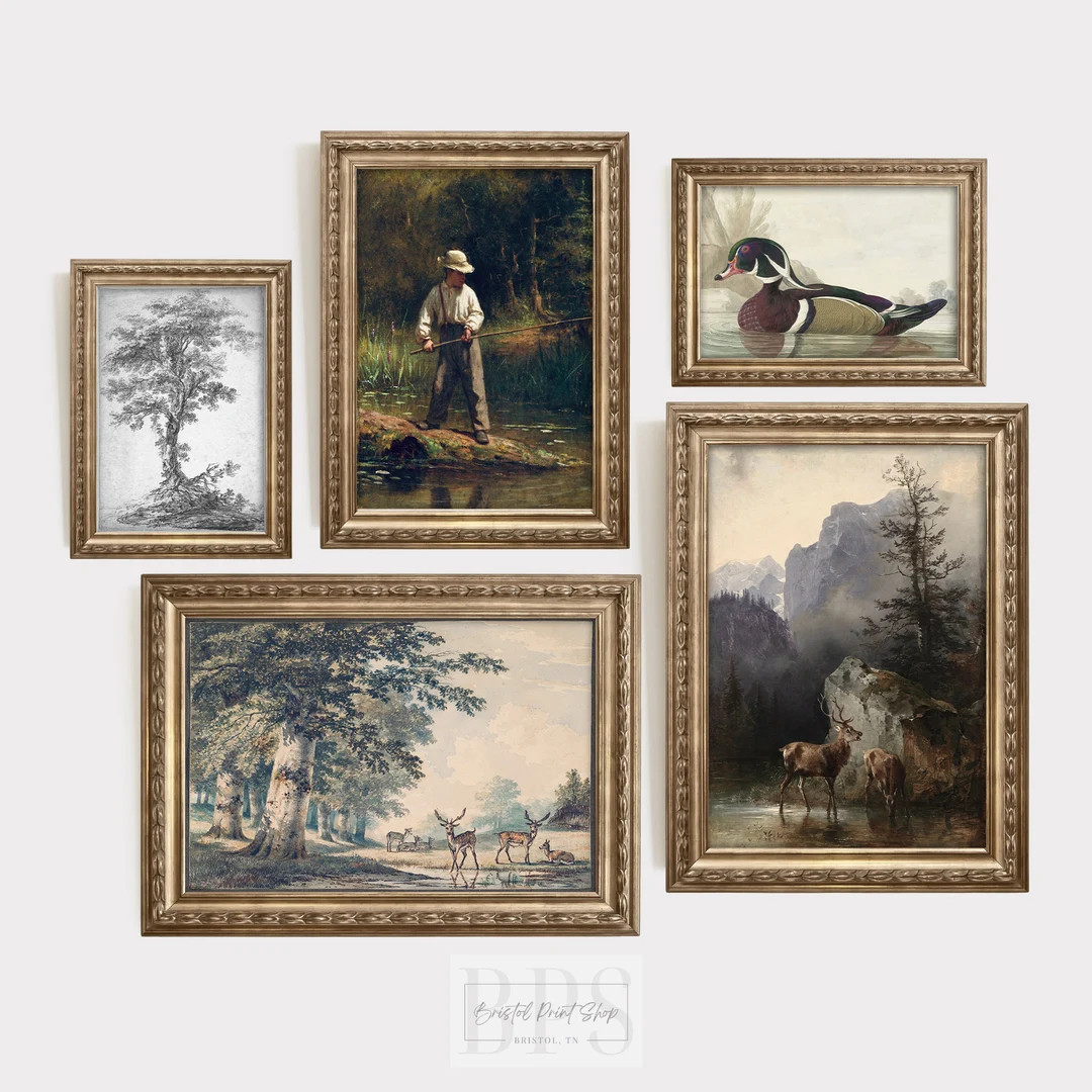 Vintage Nursery Art Gallery Wall | Woodland Home Decor Set | Boy's Room Prints | Boy Fishing | Mo... | Etsy (US)