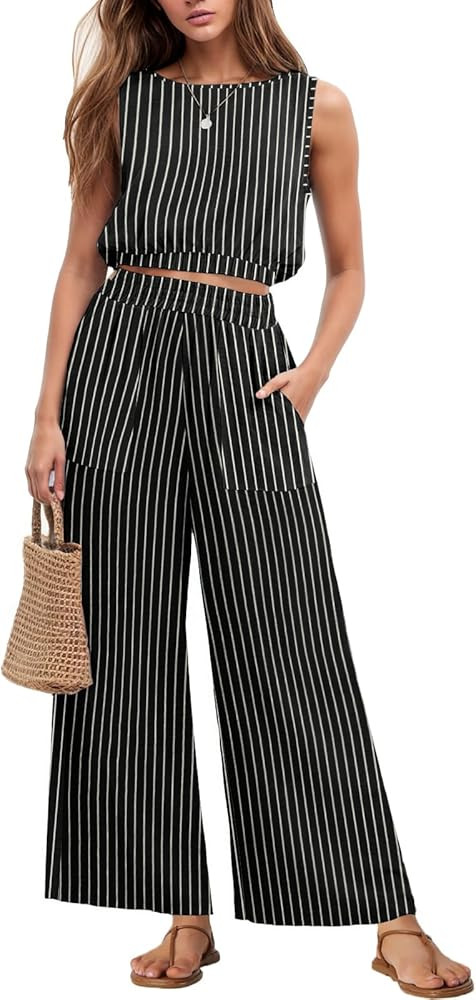 GRECERELLE Two Piece Sets for Women Sleeveless Crop Top Wide Leg Pants Sweat Set for Women Tracks... | Amazon (US)