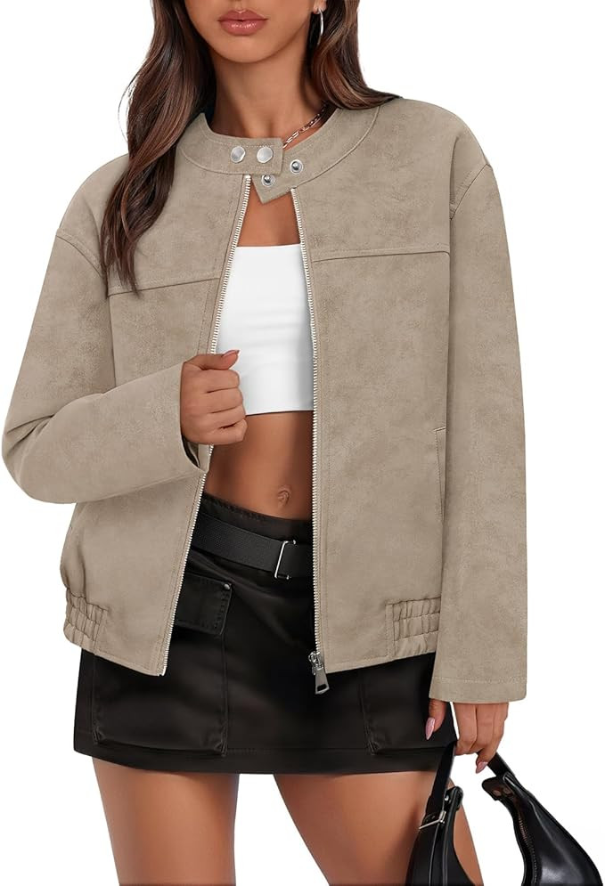 MEROKEETY Women's 2025 Faux Suede Bomber Jackets Trendy Long Sleeve Zip Up Fall Winter Coat Outer... | Amazon (US)