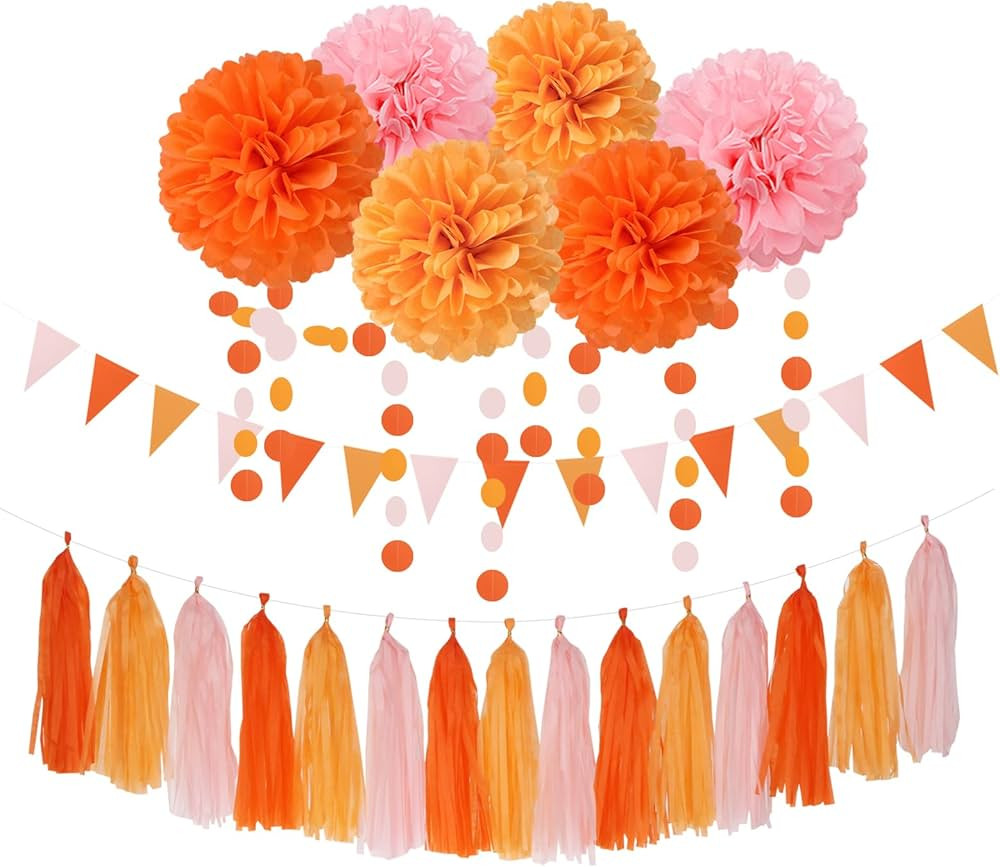 Pink-Orange Groovy Party-Decorations Pom-Poms Streamers - 23pcs Fall Autumn Thanksgiving Harvest ... | Amazon (US)