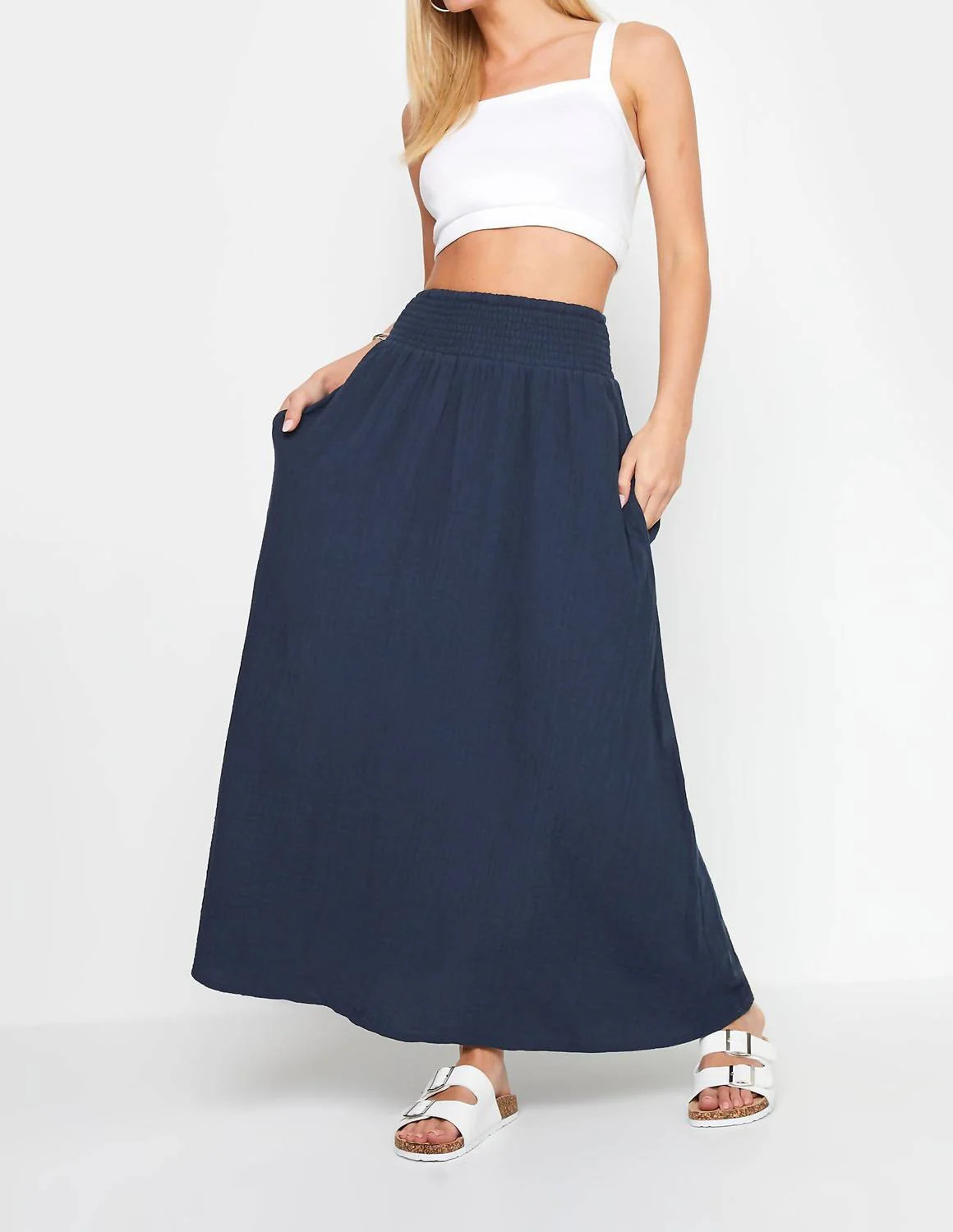 Christy Crinkle Midi Skirt In Navy | Shop Simon