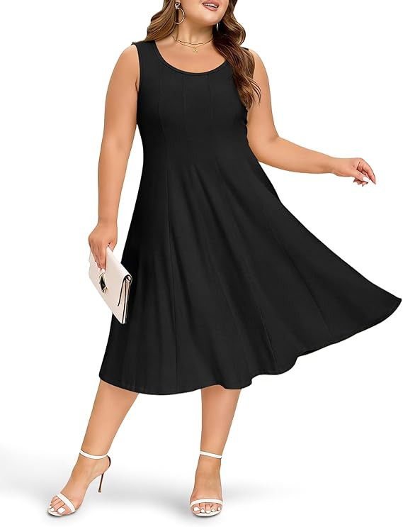 Moon Wood Plus Size Sundress Women's Sleeveless Summer Tank Midi A-line Pleated T-Shirt Dress wit... | Amazon (US)