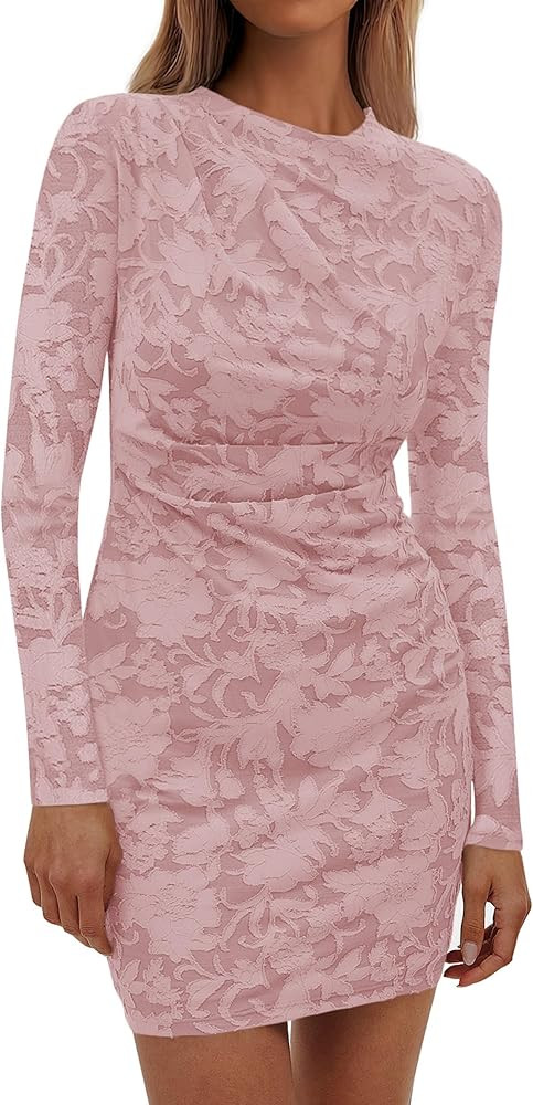 PRETTYGARDEN Women's Fall Bodycon Dresses 2026 Sexy Long Sleeve Ruched Lace Floral Mini Party Dre... | Amazon (US)