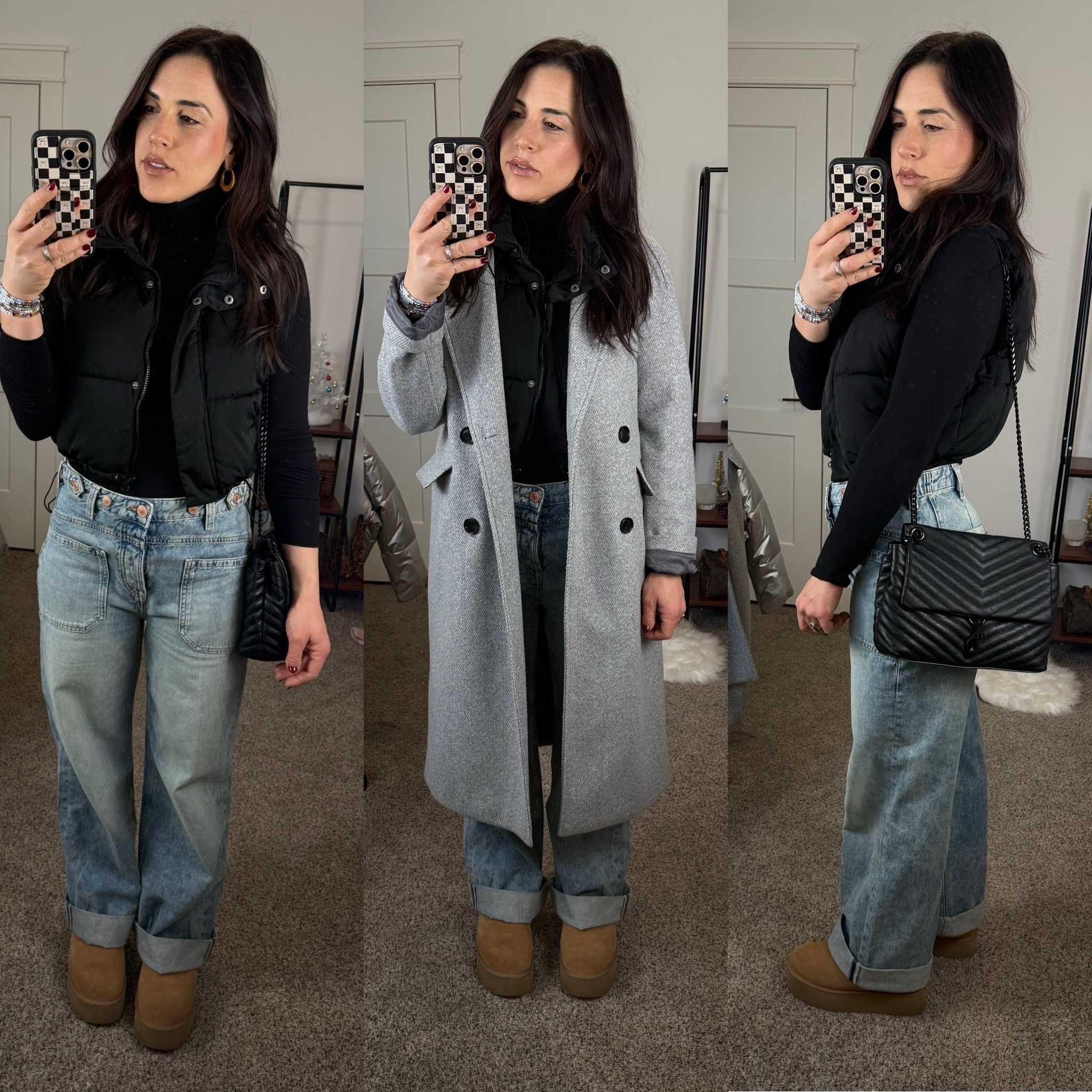 Casual and oh so comfy pulled together winter style. 

Baggy jeans outfit  
Loose fitting jeans. 
Cropped black vest. 
Uggs. 
Neutrals. 
Black turtleneck. 
Wool coat  

#LTKSaleAlert #LTKFindsUnder100 #LTKSeasonal
