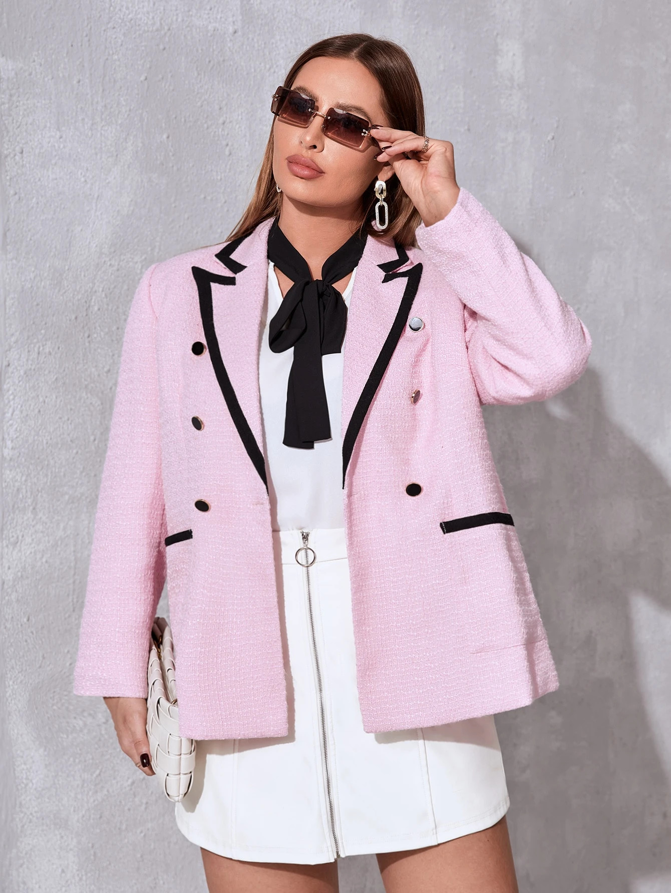 Plus Double Breasted Contrast Binding Overcoat | SHEIN