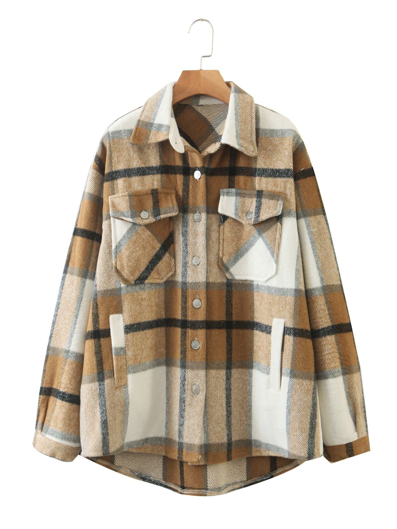 Plus Plaid Fleece Button-Front Jacket | SHEIN