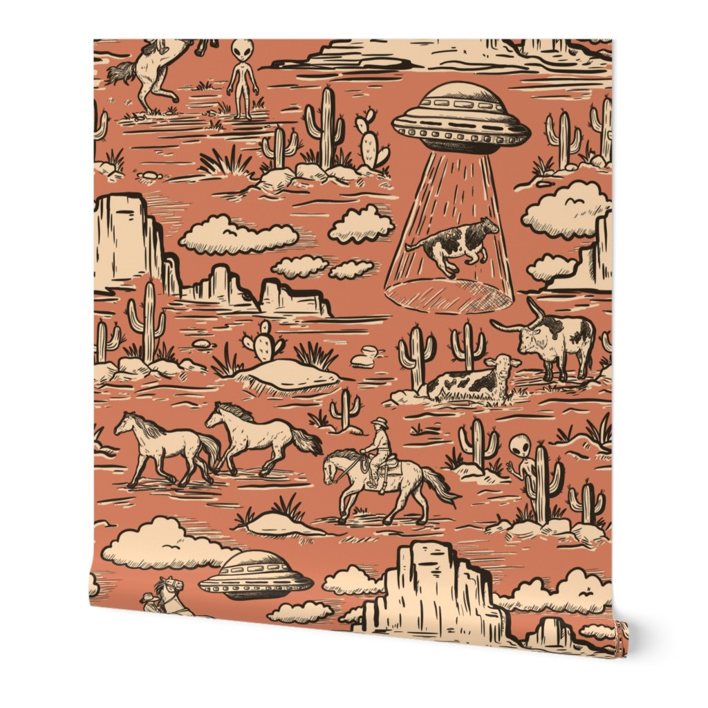 Western alien abduction Toile De Jouy Pattern funny western ufo WB24 large Wallpaper | Spoonflowe... | Spoonflower