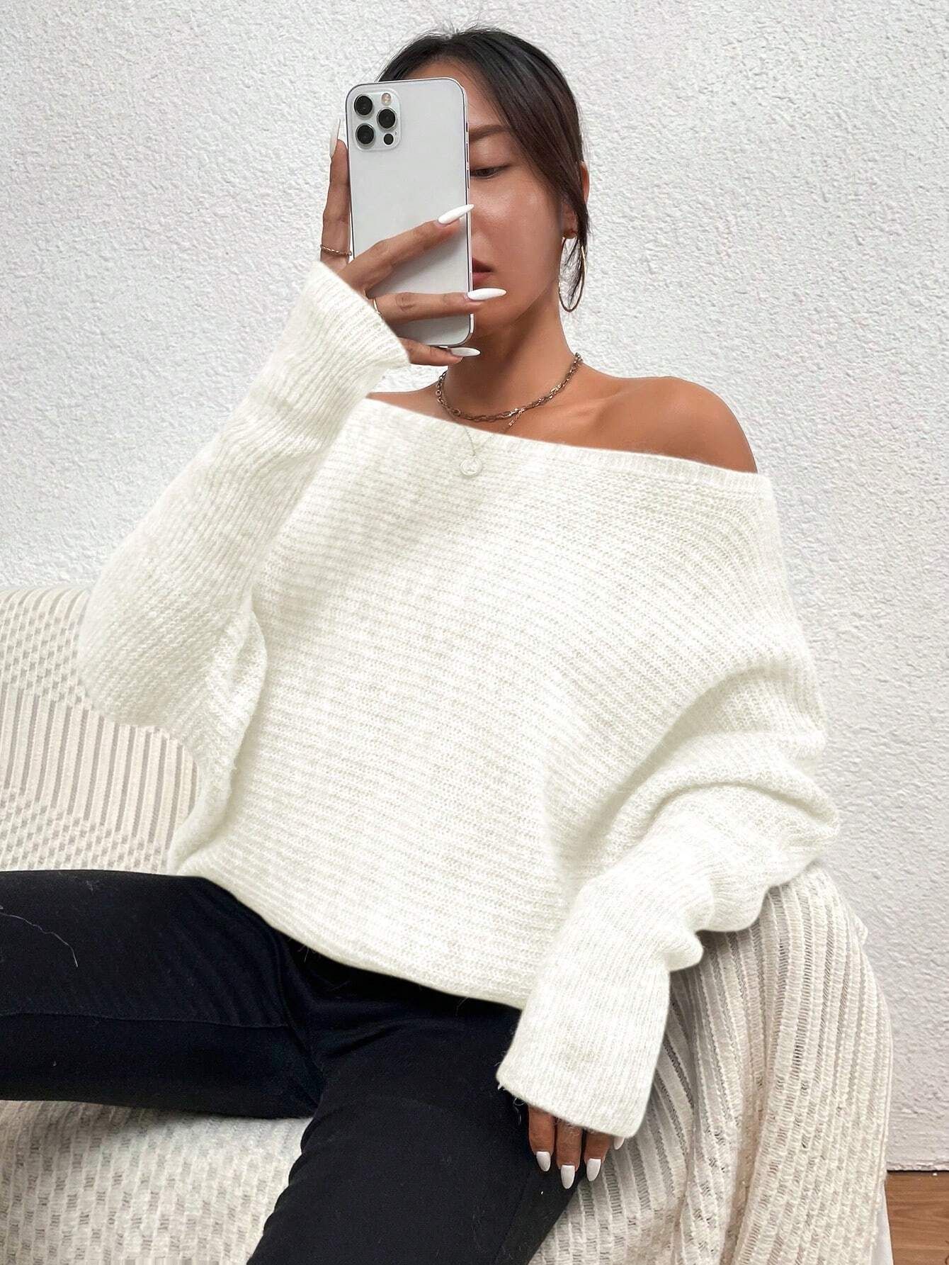 SHEIN Privé Off Shoulder Batwing Sleeve Ribbed Knit Sweater | SHEIN