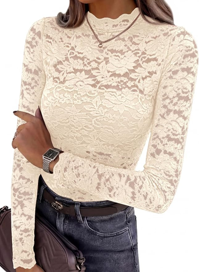 PRETTYGARDEN Womens Lace Long Sleeve Tops Sheer Mesh Blouse | Amazon (US)