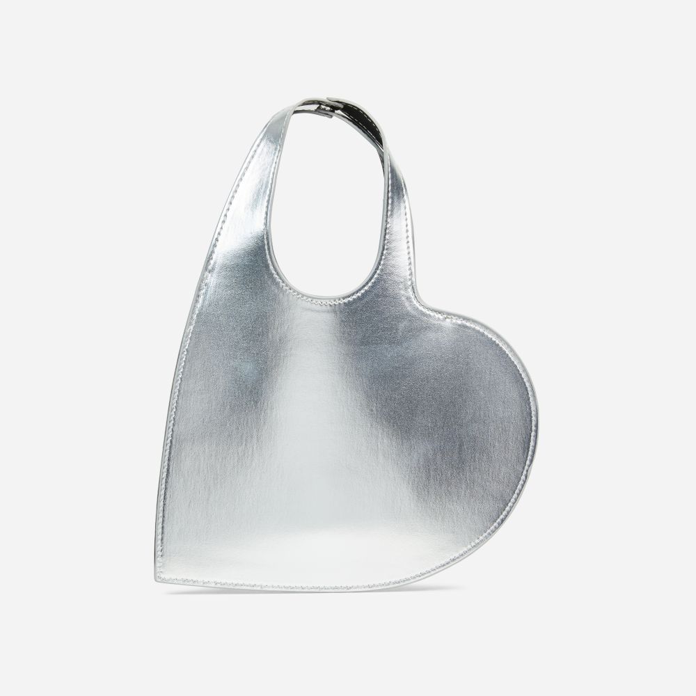 Valley Cut Out Handle Detail Heart Shaped Grab Bag In Silver Faux Leather | Ego Shoes (UK)