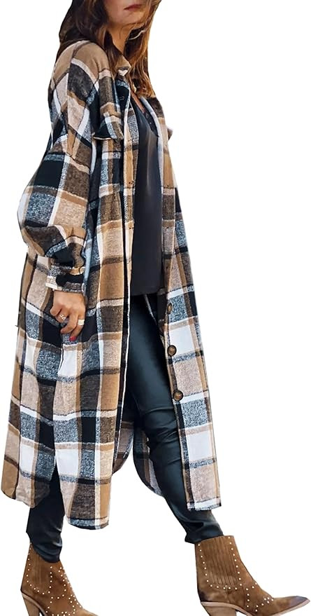 SKIKYAN Women Fall Flannel Plaid Shacket Jacket Oversized Button Down Long Shirt Jacket | Amazon (US)