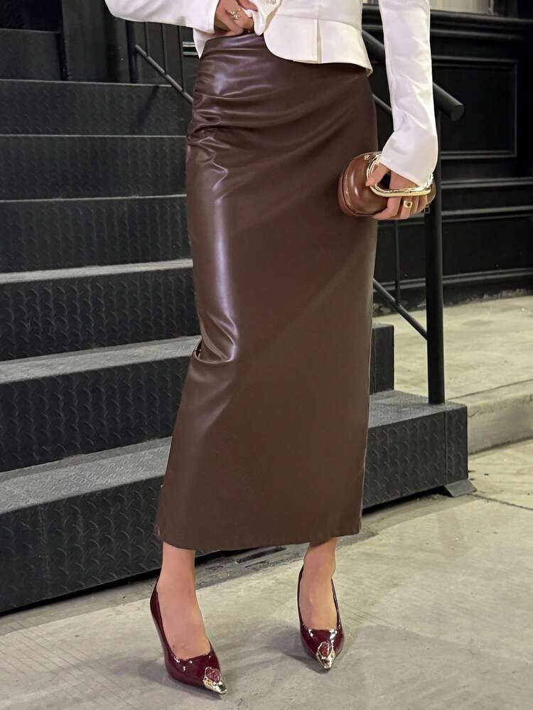 Elyressa Women Solid Color Pleated Skirt With Zipper Maxi Women Outfit | SHEIN