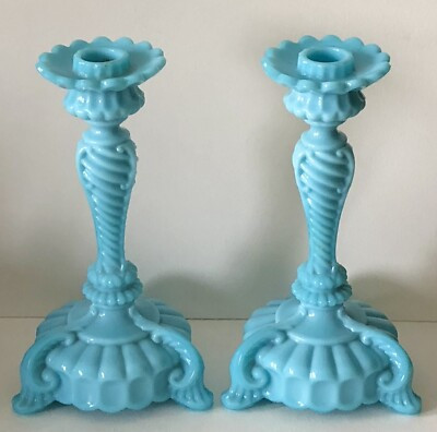 Antique FRANCE Portieux Vallerysthal Blue OPALINE Candlestick CANDLEHOLDER PAIR | eBay US