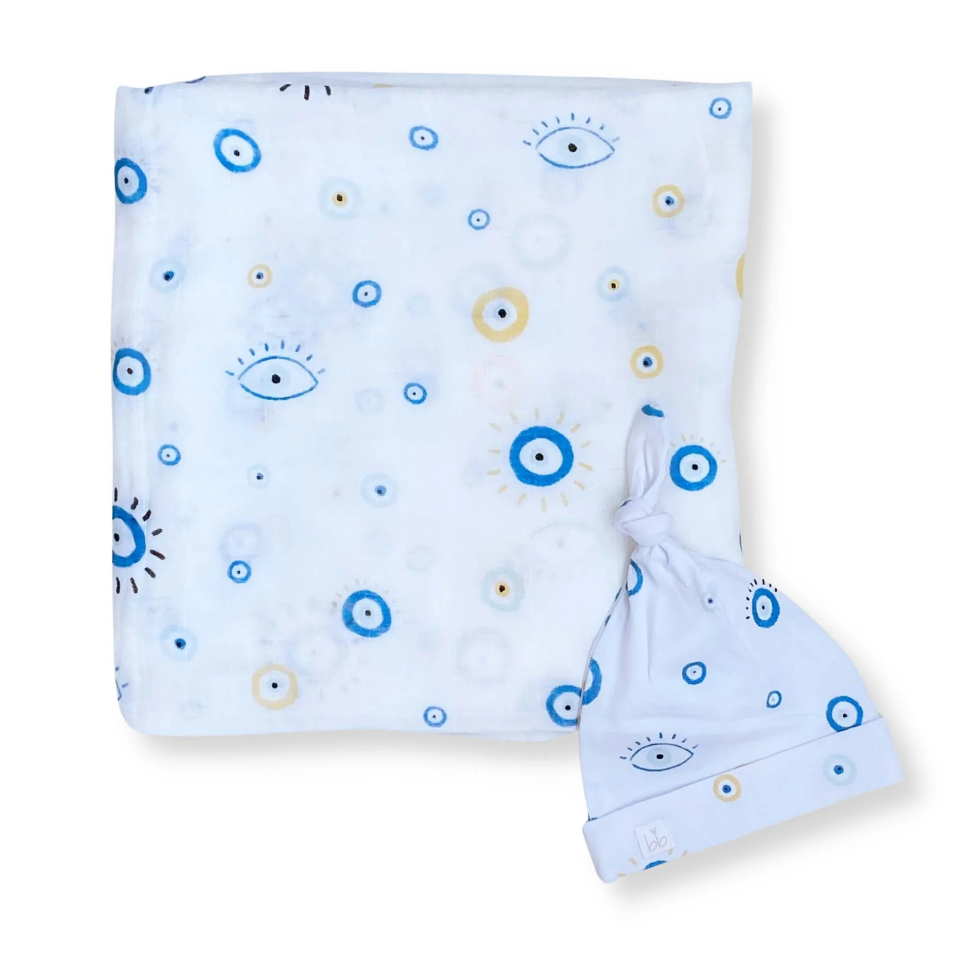 Bamboo Muslin Swaddle Blanket & Topknot Set - Eye See You | Bundled Baby