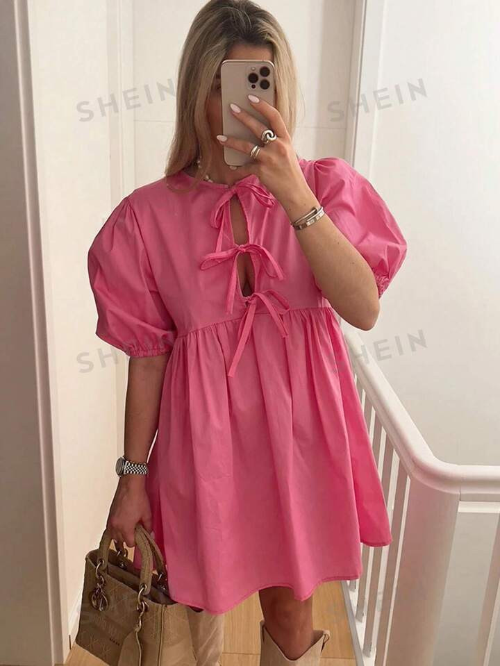 SHEIN Essnce Women's Summer Rose Red Knotted Casual Short Sleeve Dress Tie Front Dress Puff Sleev... | SHEIN