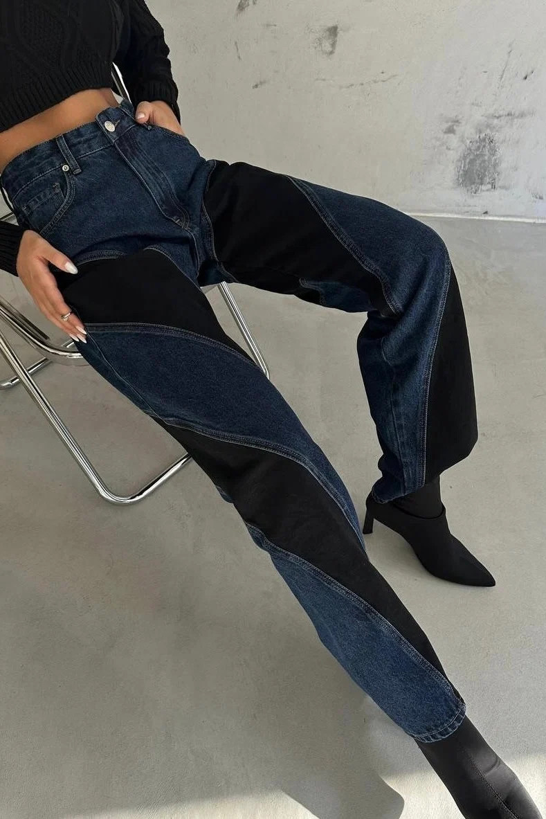 Women's Colorblock Straight Leg Jeans \u2013 Black Panel Denim | PIRAL | PIRAL