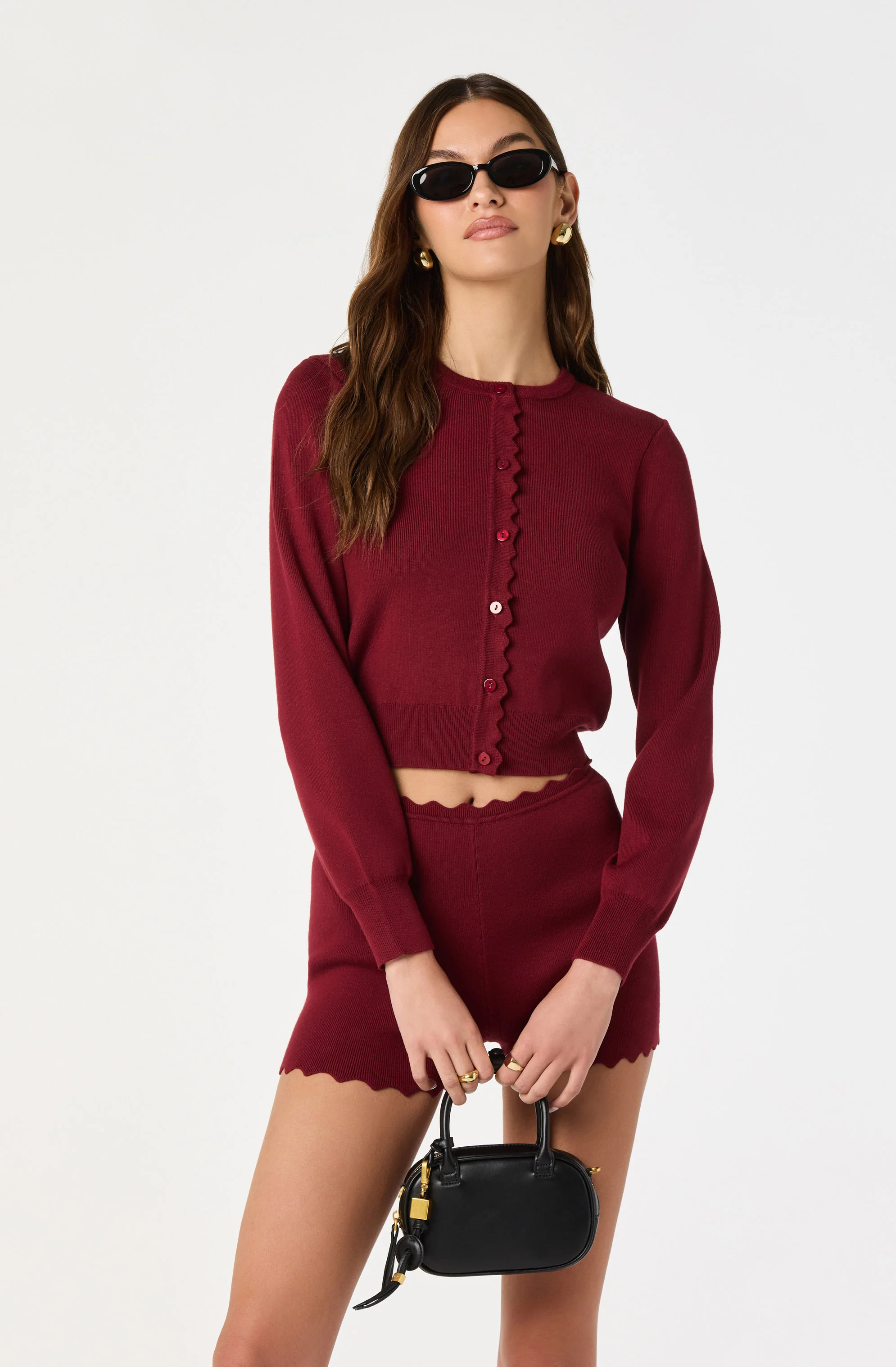 Scalloped Crewneck Cardigan - Burgundy / XS | ASTR The Label (US)