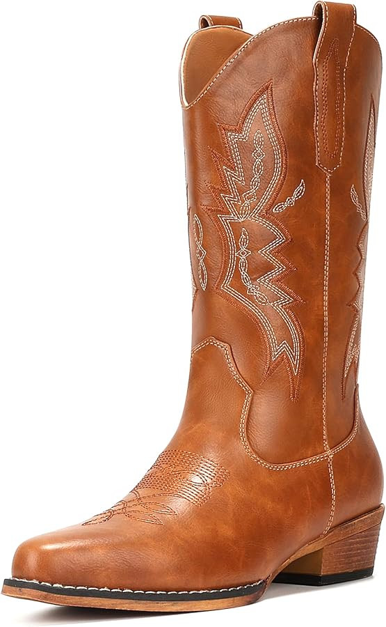 IUV Cowboy Boots For Women Western Boots Cowgirl Boots Pull On Pointy Toe Mid Calf Boots | Amazon (US)