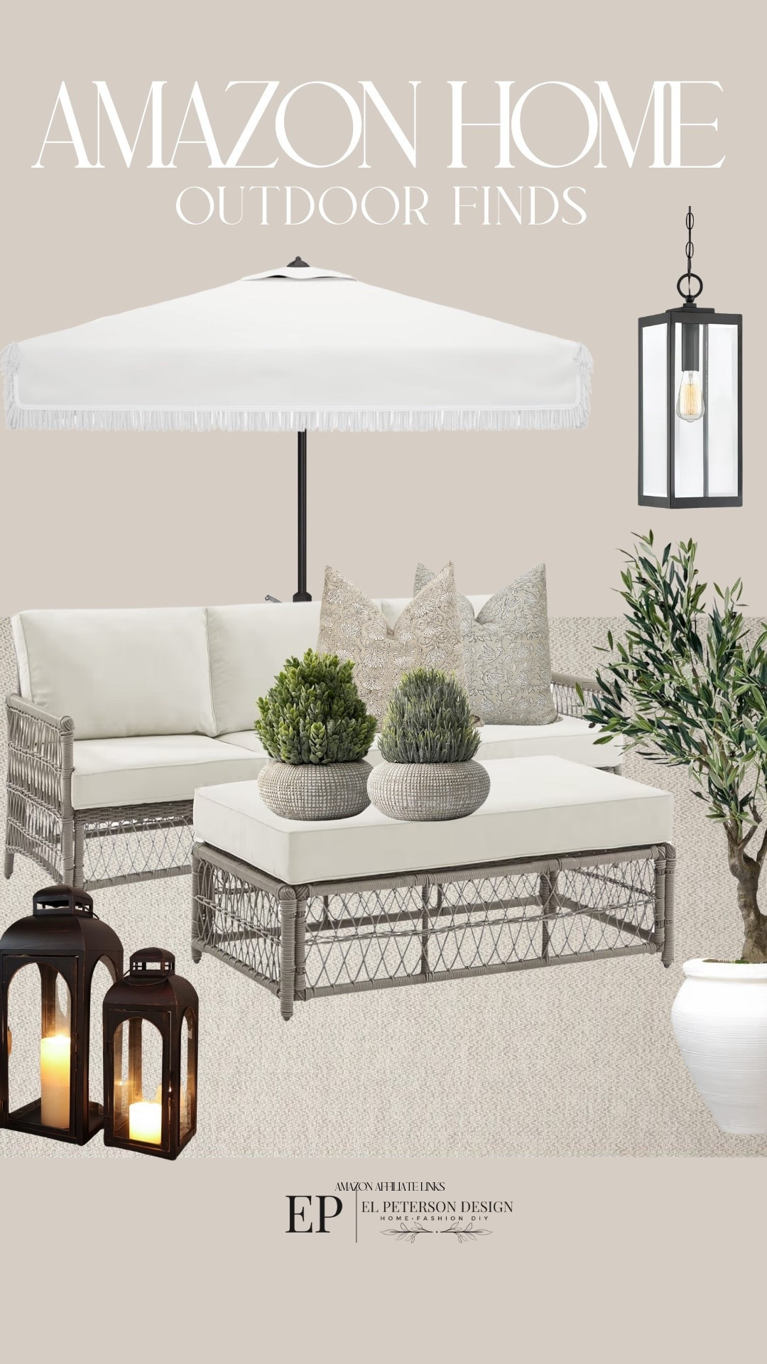 Amazon Outdoor
Umbrella
Faux tree
Rug
Outdoor patio set
Floor lanterns
Faux potted plants
Outdoor lighting 

#LTKHome