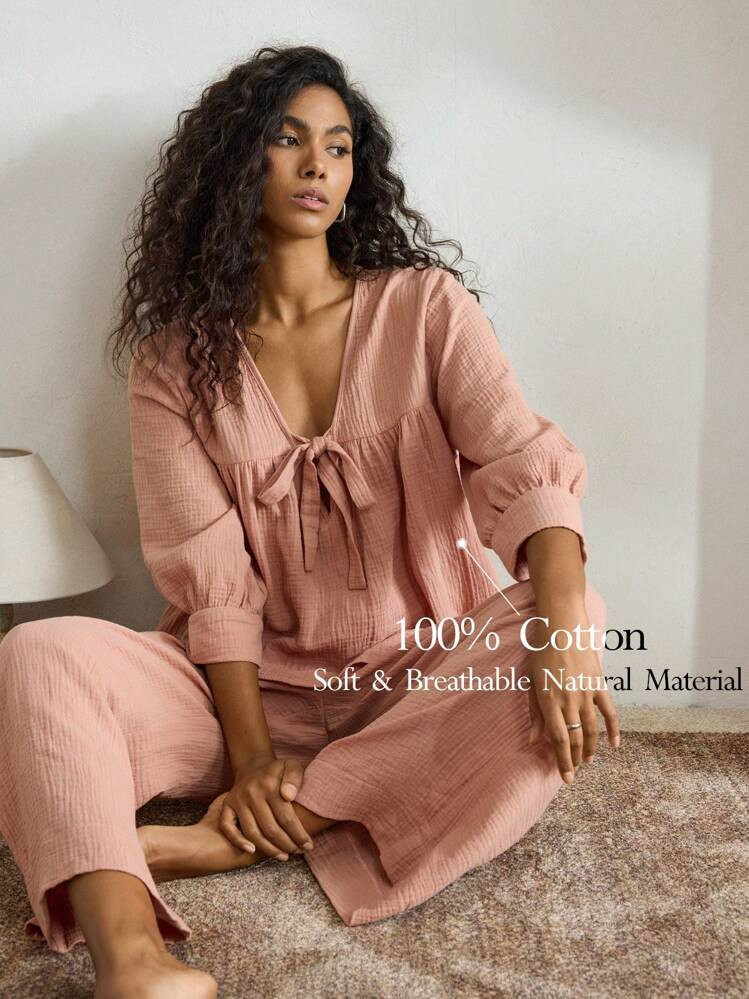 Ocili Leisure Women's Comfortable Cotton Soft Gauze Mid-Sleeve Top & Pants Lounge Set With Front Tie, Sleepwear Holiday Season Outfit, Fall Winter Clothes | SHEIN