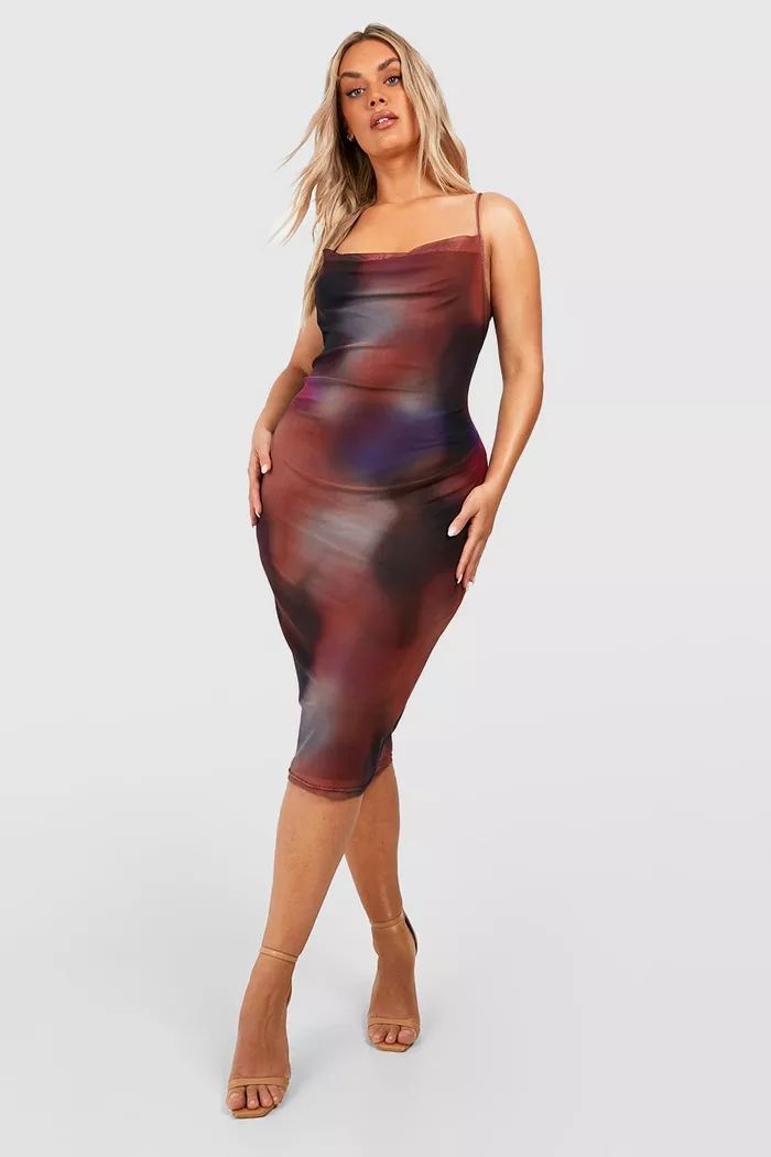 Plus Cowl Neck Abstract Mesh Midi Dress | boohoo (US & Canada)