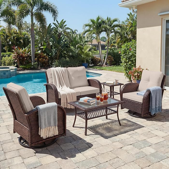 UPHA 5 Pieces Patio Furniture Set, High Back Wicker Outdoor Loveseat Sofa Set with Swivel Chairs,... | Amazon (US)