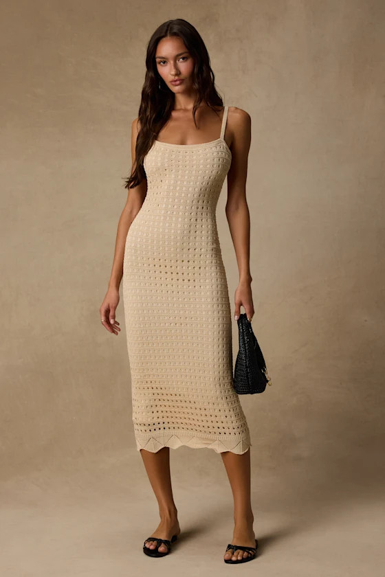 Ventura Vision Beige Crochet Lace-Up Midi Dress | Lulus