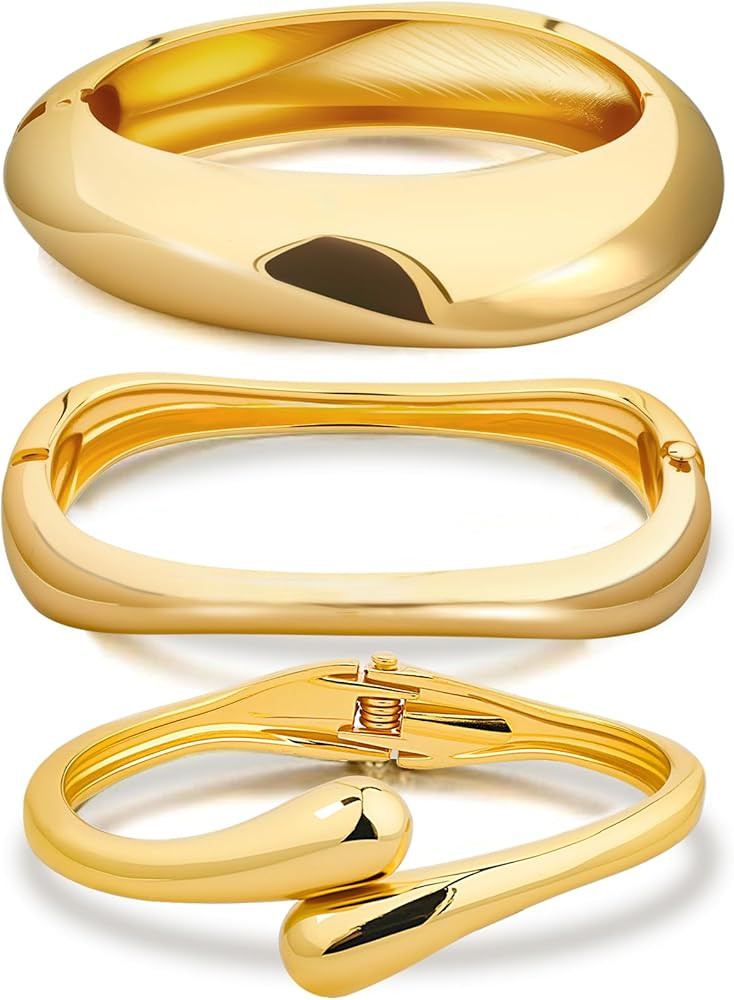 Chunky Gold Bangle Bracelets for Women, 3PCS Dainty Gold Plated Cuff Bracelet Big Stackable Bangl... | Amazon (US)