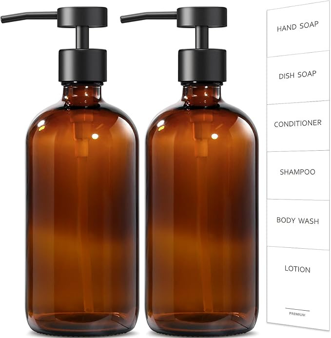 GMISUN Amber Glass Soap Dispenser, 2 Pack Bathroom Hand Soap Dispenser with Stainless Steel Flat ... | Amazon (US)