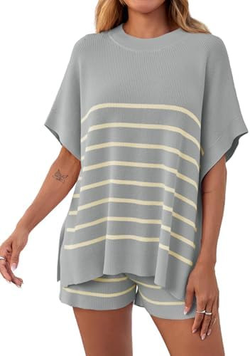 Amazon.com: Fisoew Women's Striped 2 Piece Outfits Oversized Batwing Short Sleeve Tops High Waist... | Amazon (US)