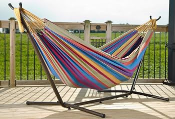 Vivere Double Cotton Hammock with Space Saving Steel Stand, Tropical (450 lb Capacity - Premium C... | Amazon (US)