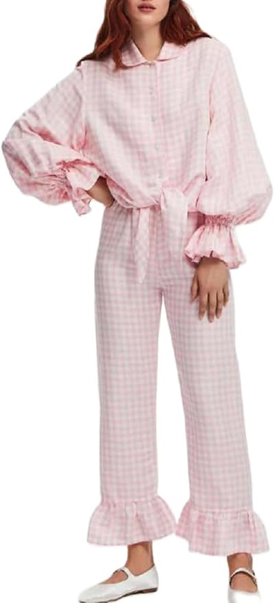 Women Y2k 2 Piece Pajamas Set Long Sleeve Ruffle Hem Peplum Shirt Wide Peg Pants 2 Piece Lounge S... | Amazon (US)