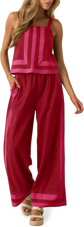 Tankaneo Womens 2 Piece Lounge Set Summer Casual Color Block Cami Top Wide Leg Pants Set Beach Va... | Amazon (US)