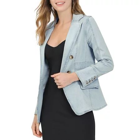 Unique Bargains Women's Lapel Jeans Blazer Long Sleeve Denim Jacket w Pockets | Walmart (US)