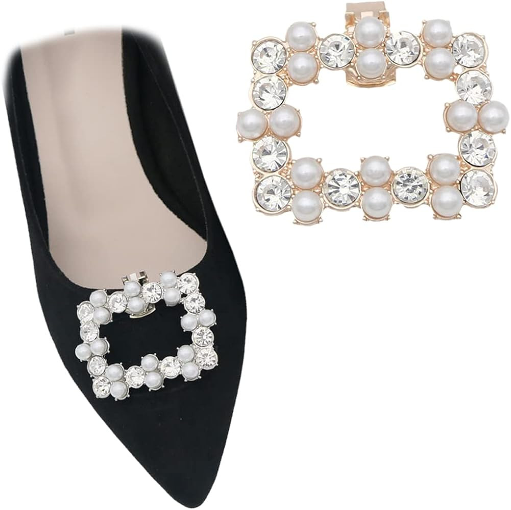 2 PCS Square Rhinestones Pearls Shoe Clips Removable Rhinestones Shoe Buckles Shoe Decorations Ch... | Amazon (US)