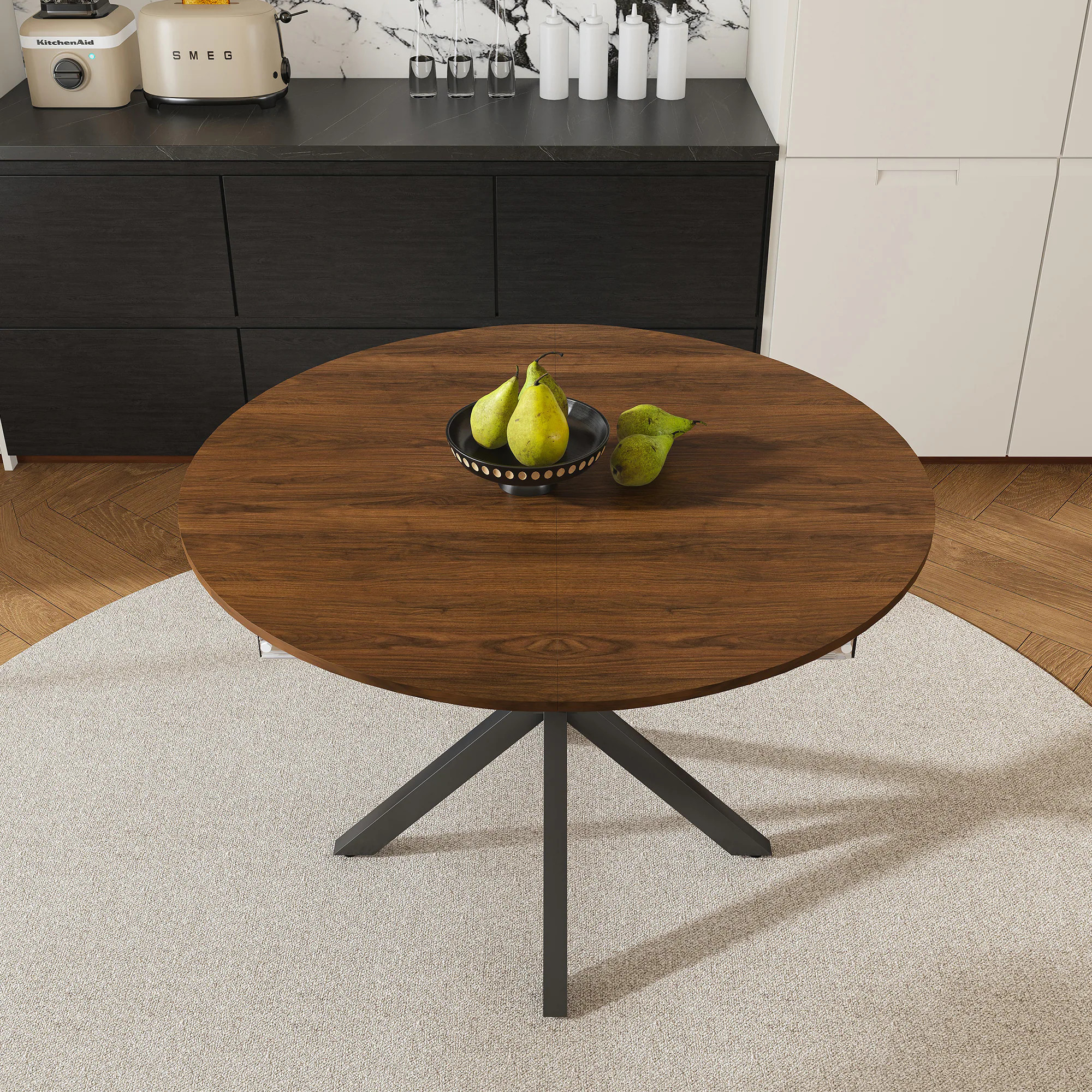 Beedesign Retractable Round Extendable Dining Table for 6 People with Carbon Steel Base Modern Simple Solid Wood Veneer Dining Room Furniture 42 | Lowe's