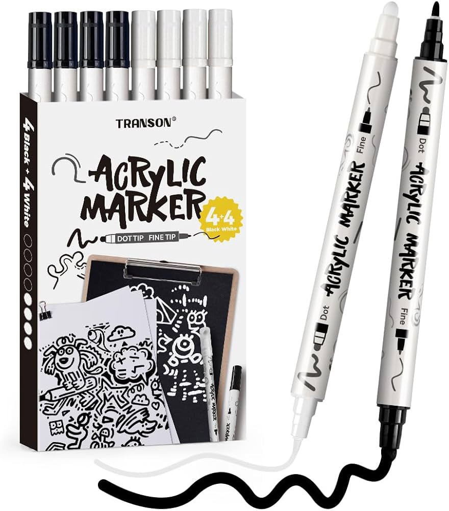 TRANSON 4 Black and 4 White Paint Markers Bold and Fine Dual-tip Acrylic Paint Marker Set for Roc... | Amazon (US)