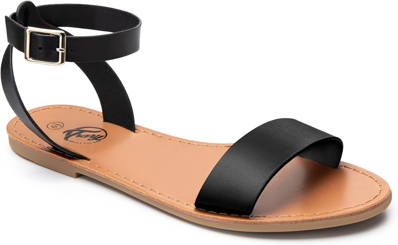 Trary Womens Ankle Strap Adjustable Buckle Open Toe Flat Sandals Faux Leather Wide Width Dressy S... | Amazon (US)
