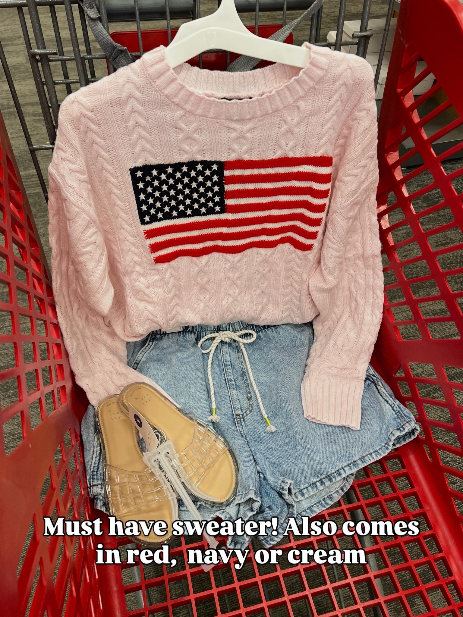 USA American flag sweater at Target, soft denim shorts and jelly sandals (I couldn’t find the sandals online yet) #targetstyle