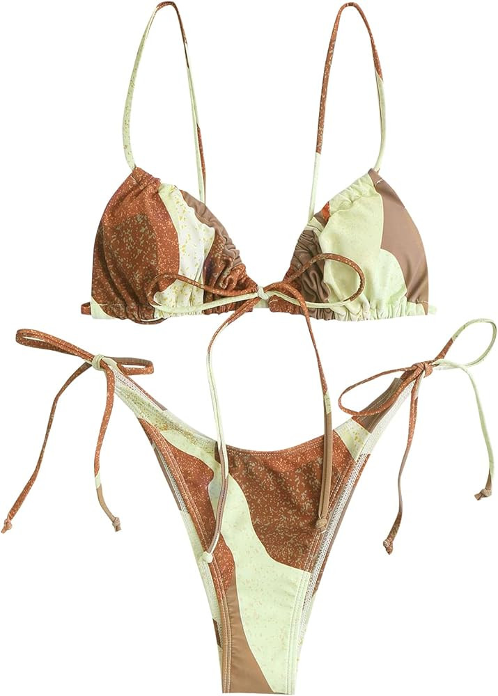 ZAFUL Bowknot Colorblock Tie Side String Bikini Swimwear High Cut Thong Bikini Set | Amazon (CA)