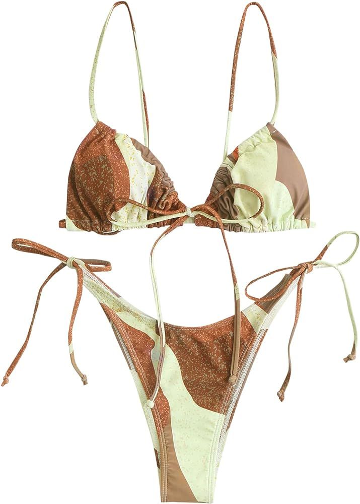 ZAFUL Bowknot Colorblock Tie Side String Bikini Swimwear High Cut Thong Bikini Set | Amazon (CA)