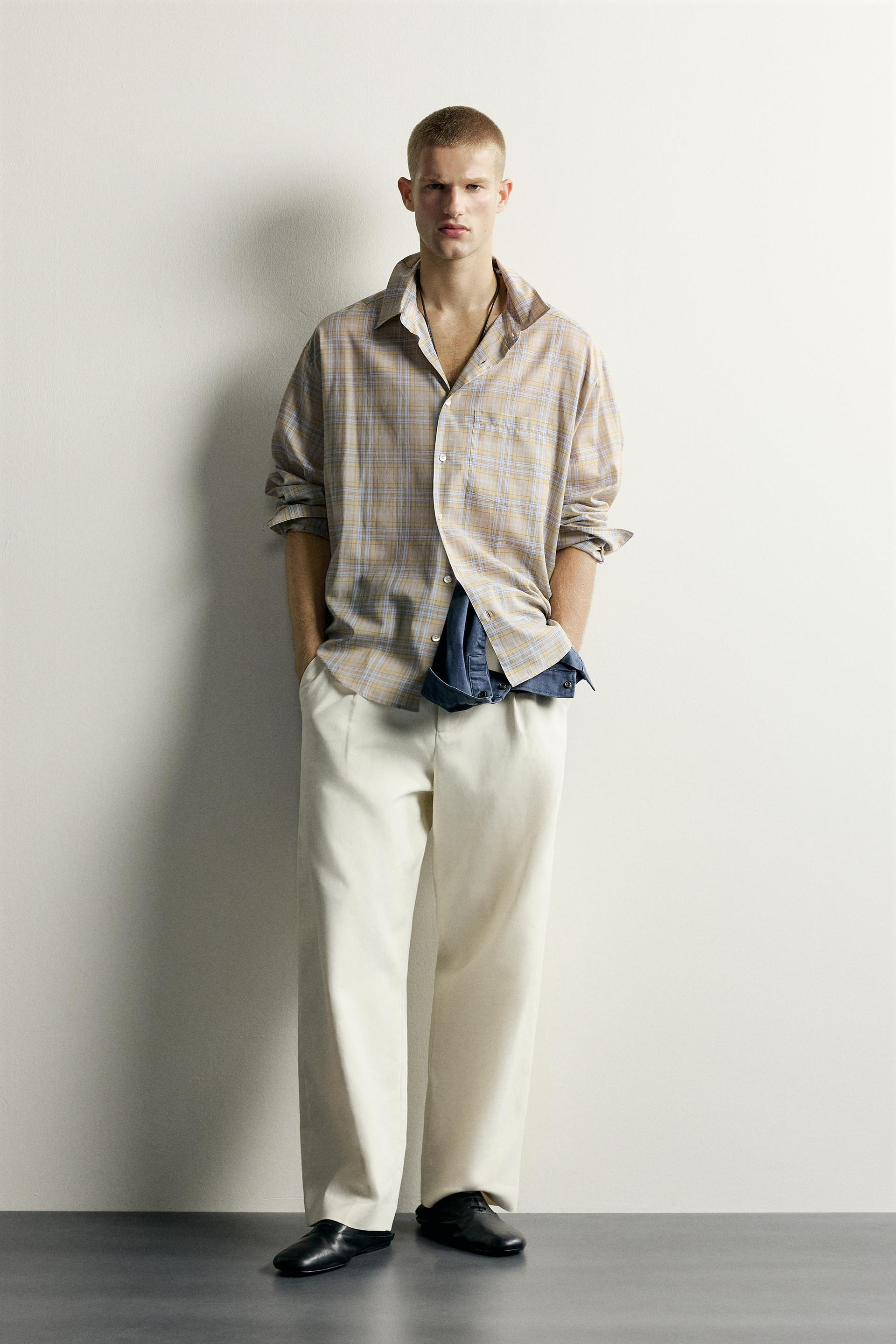 Zara - Relaxed Fit Plaid Shirt - Light Sky Blue - L - Man | Zara US