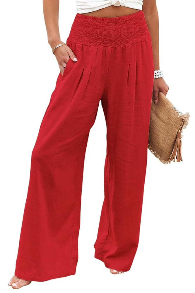 chouyatou Women's Smocked High Waisted Cotton Linen Wide Leg Pants Palazzo with Pockets | Amazon (US)