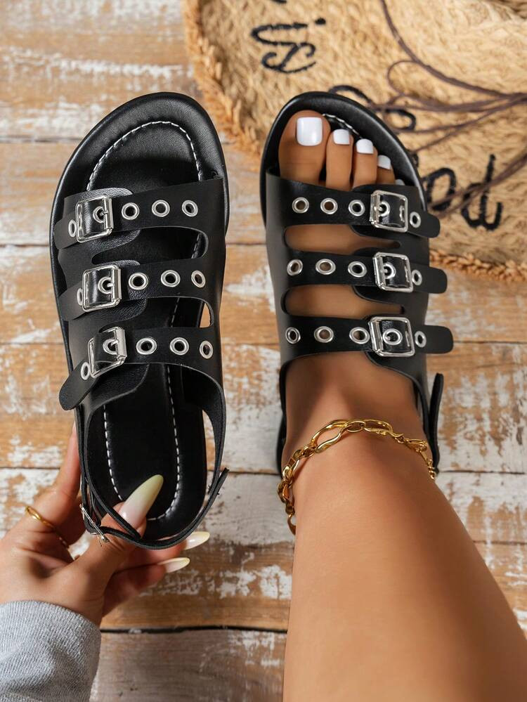 Women's Wide Width Spring/Summer Buckle Design Flat Sandals, Comfortable Outdoor Punk Style Rivet... | SHEIN