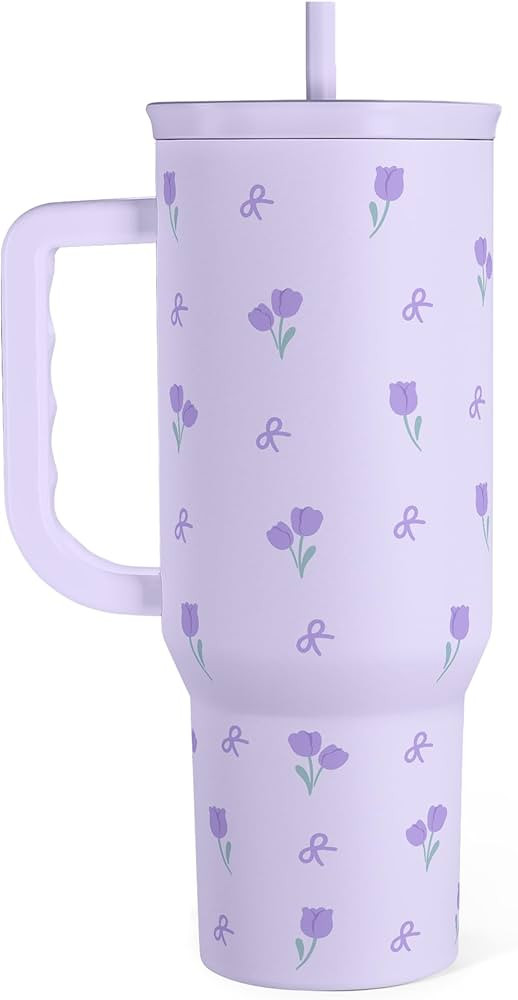 SANDJEST Floral 40oz Tumbler with Handle and Straw – Tulip Insulated Stainless Steel Travel Cof... | Amazon (US)