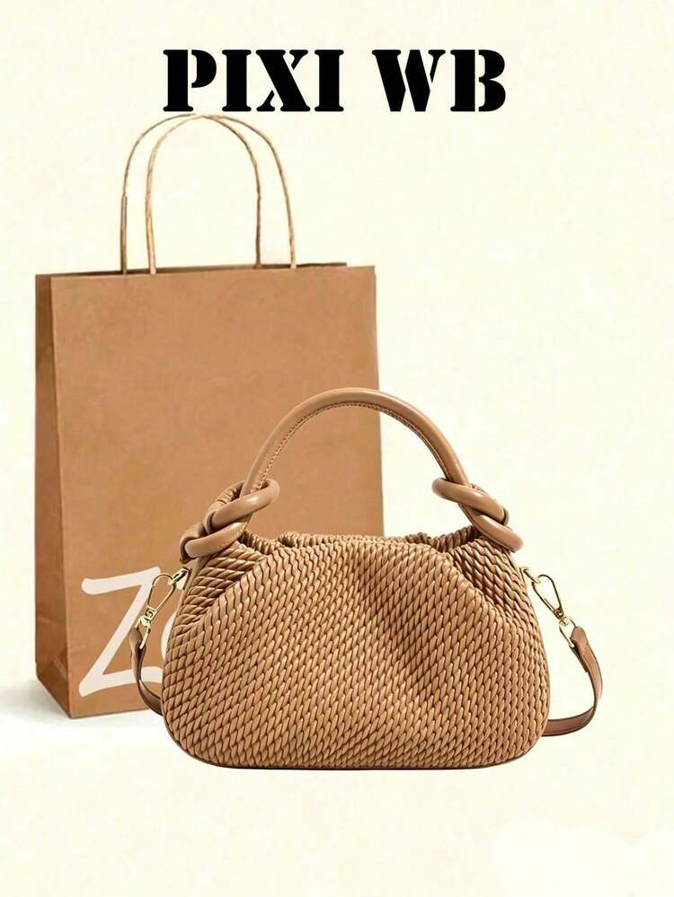 Khaki Woven PU Leather Handbag, Unique Twist Handle Cloud Bag; Suitable For Commuting, Work, Dail... | SHEIN