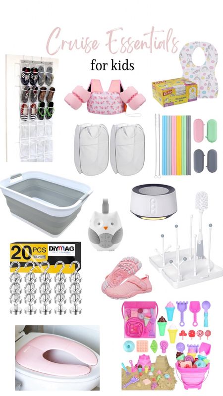 What we're packing on our first cruise with kids! Cruise essentials for kids! Silicon reusable straws, swim vest for kids, white noise machine, folding travel potty seat for kids, baby soother, beach toys set for kids, disposable paper diapers, magnetic hooks, water shoes, Crystal Clear Over The Door Hanging Shoe Organizer

#LTKMostLoved #LTKtravel #LTKhome