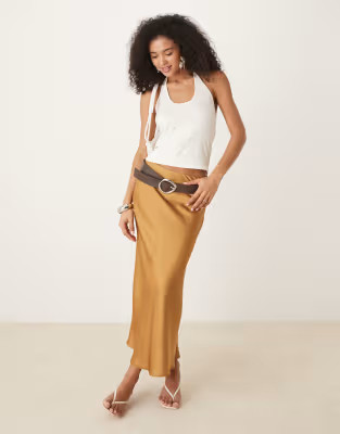 VILA satin maxi skirt in light brown | ASOS (Global)
