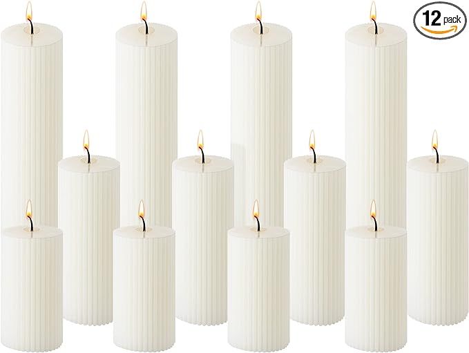 Set of 12 Ribbed Pillar Candles Soy Wax Home Decor Modern White Candles with Cotton Wick for Wedd... | Amazon (US)